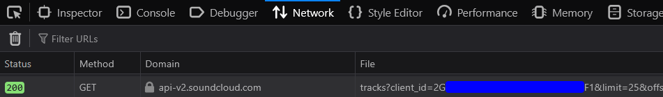 The client_id parameter on a request to api-v2.soundcloud.com in the browser network panel