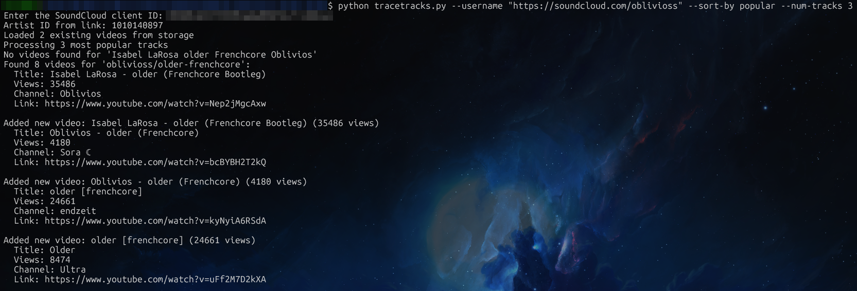 TraceTracks pulling a SoundCloud profile's most-played tracks and listing their YouTube reuploads with view counts